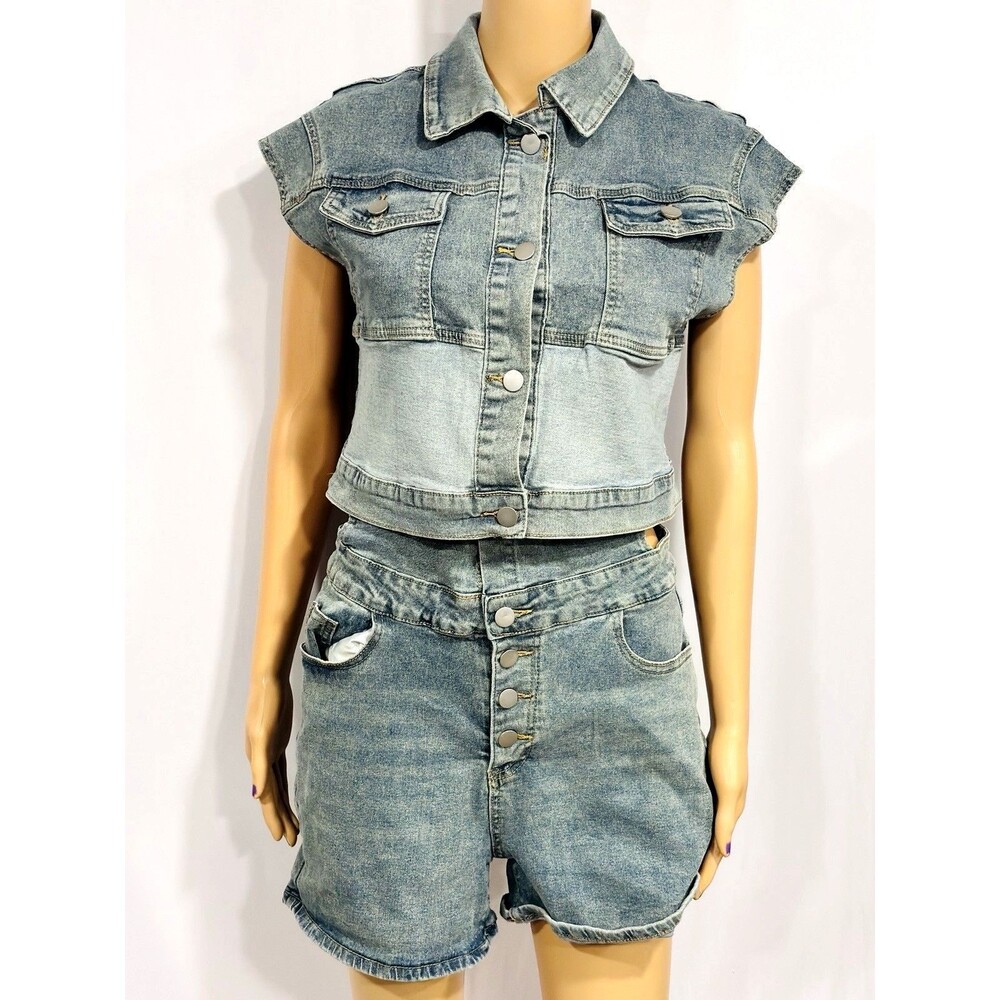 Y2K Washed Denim 2 Piece Outfit Sleeveless Top Fold Over Jean Shorts Blue Sz XL